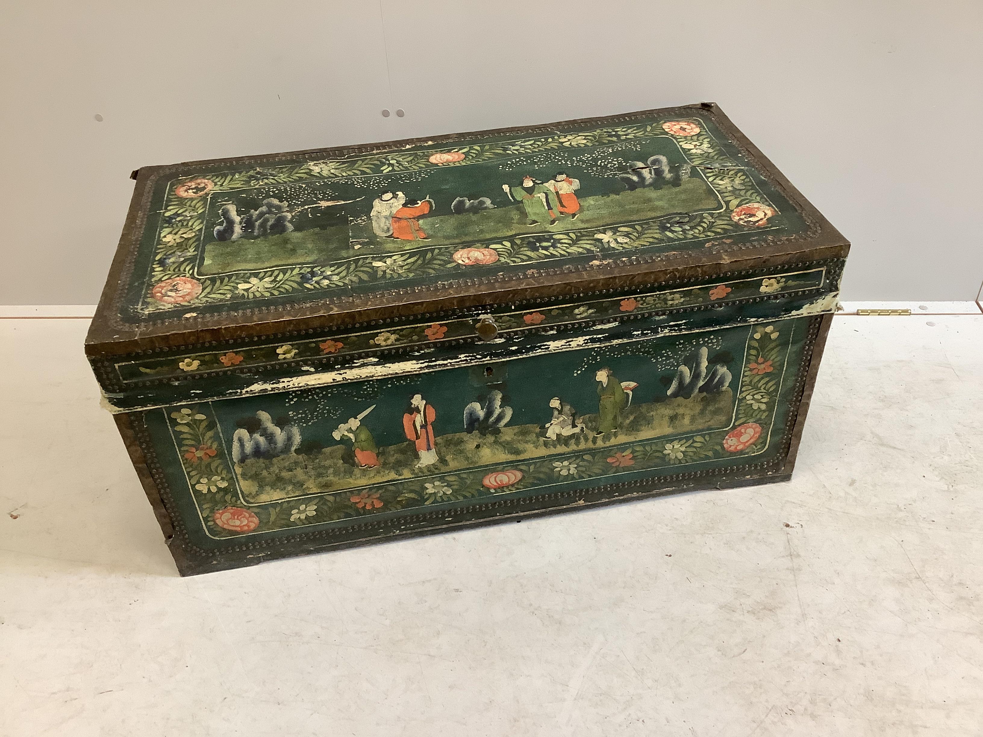 A Japanese rectangular brass and leather mounted camphorwood trunk painted with figures in landscapes, width 103cm, depth 52cm, height 46cm